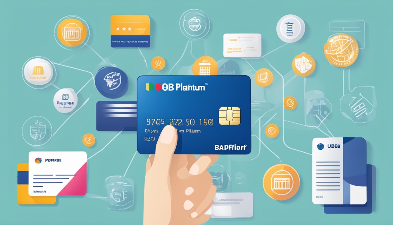 A hand holding a UOB Preferred Platinum card with various benefits listed in the background