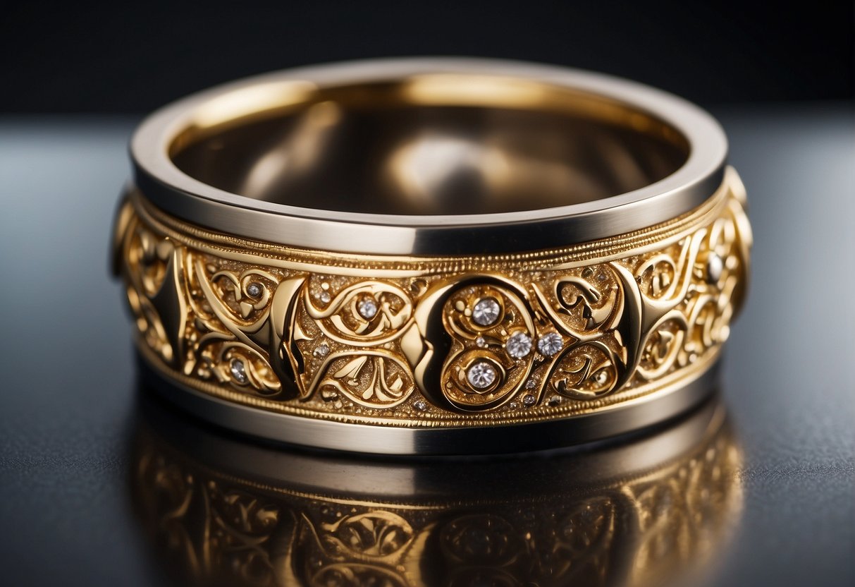 A stainless steel and gold jewelry piece is being worn and examined for durability and maintenance by a jeweler