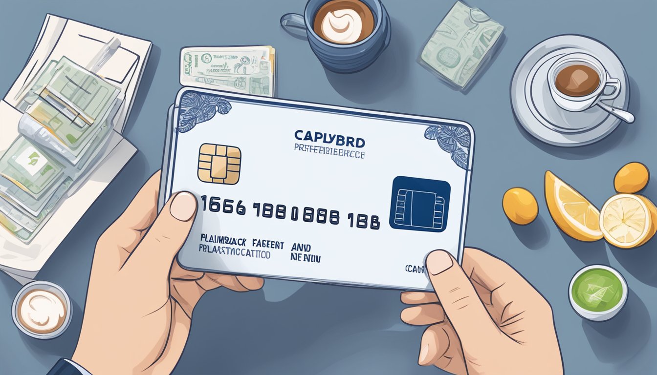 A hand holding a UOB Preferred Platinum card with a list of benefits and rewards displayed next to it. Icons representing cashback, travel perks, and dining discounts are illustrated around the card