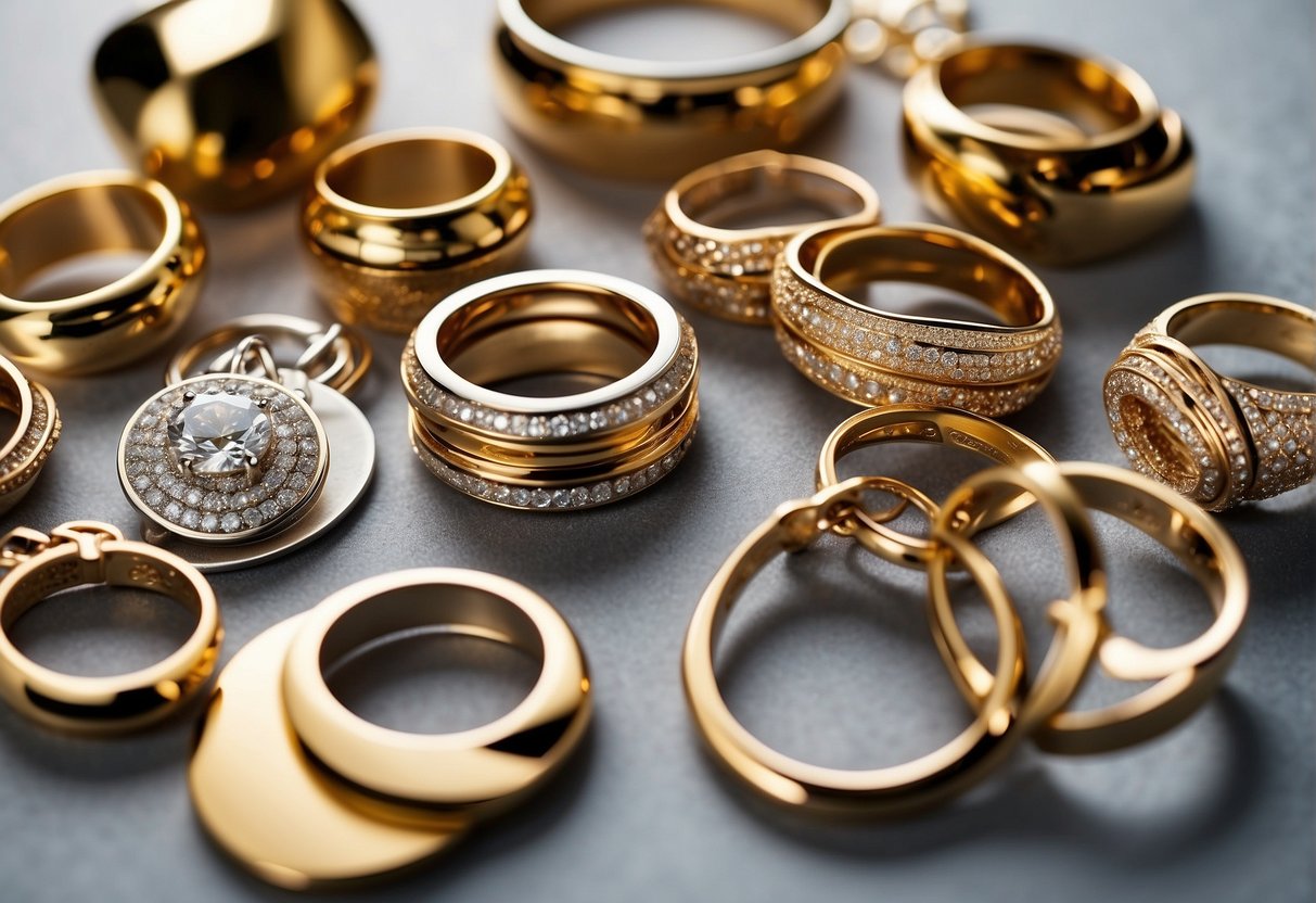A stainless steel and gold jewelry laid out on a clean, well-lit surface. The items are arranged in an appealing and organized manner