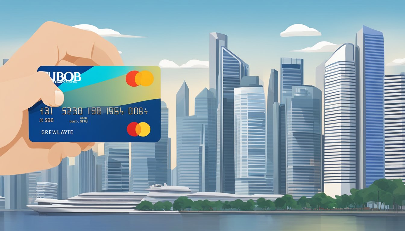 A hand holding a UOB Preferred Platinum Visa card in front of the Singapore skyline