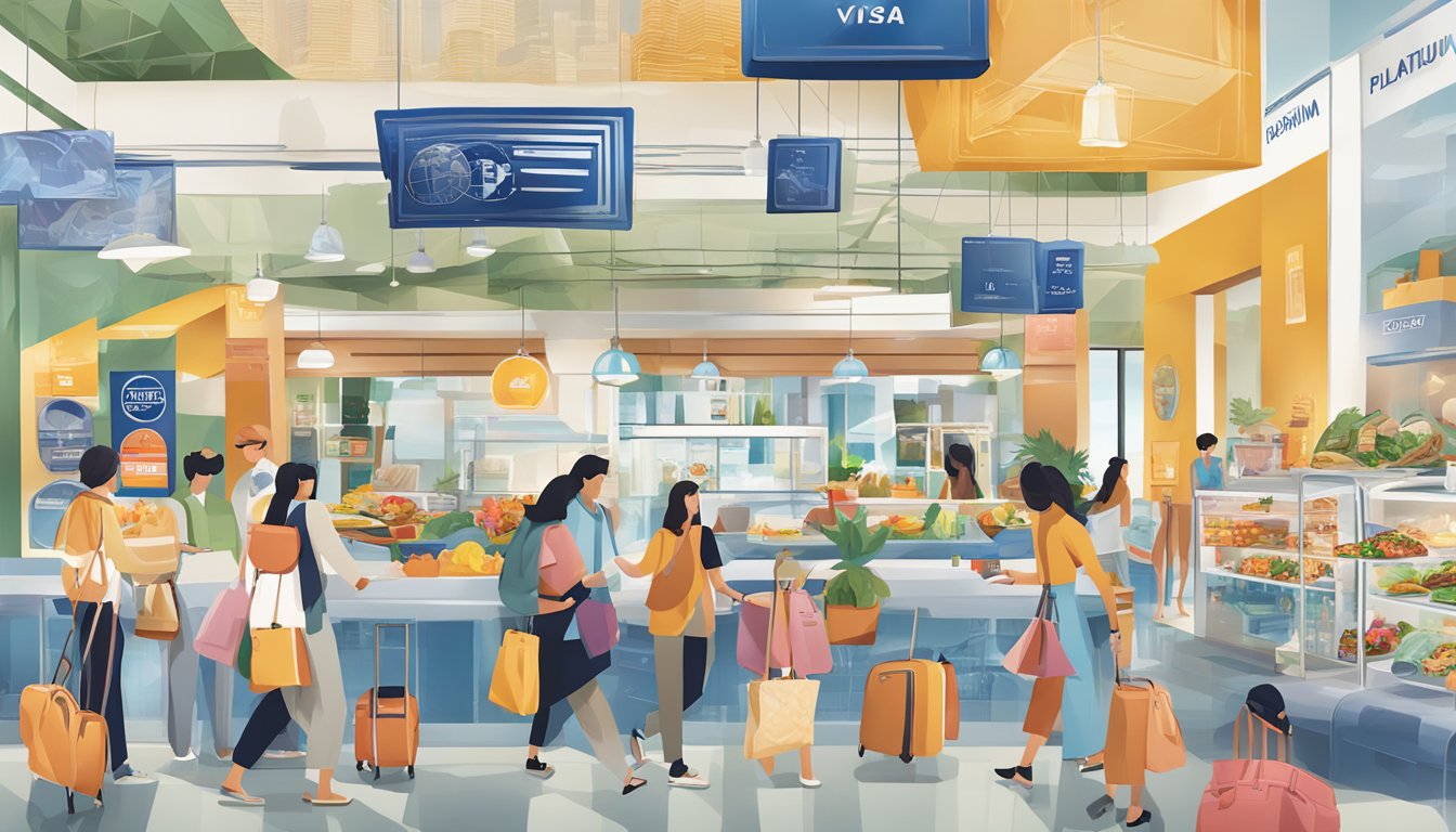 The UOB Preferred Platinum Visa card is surrounded by images of travel, dining, and shopping, showcasing its additional benefits