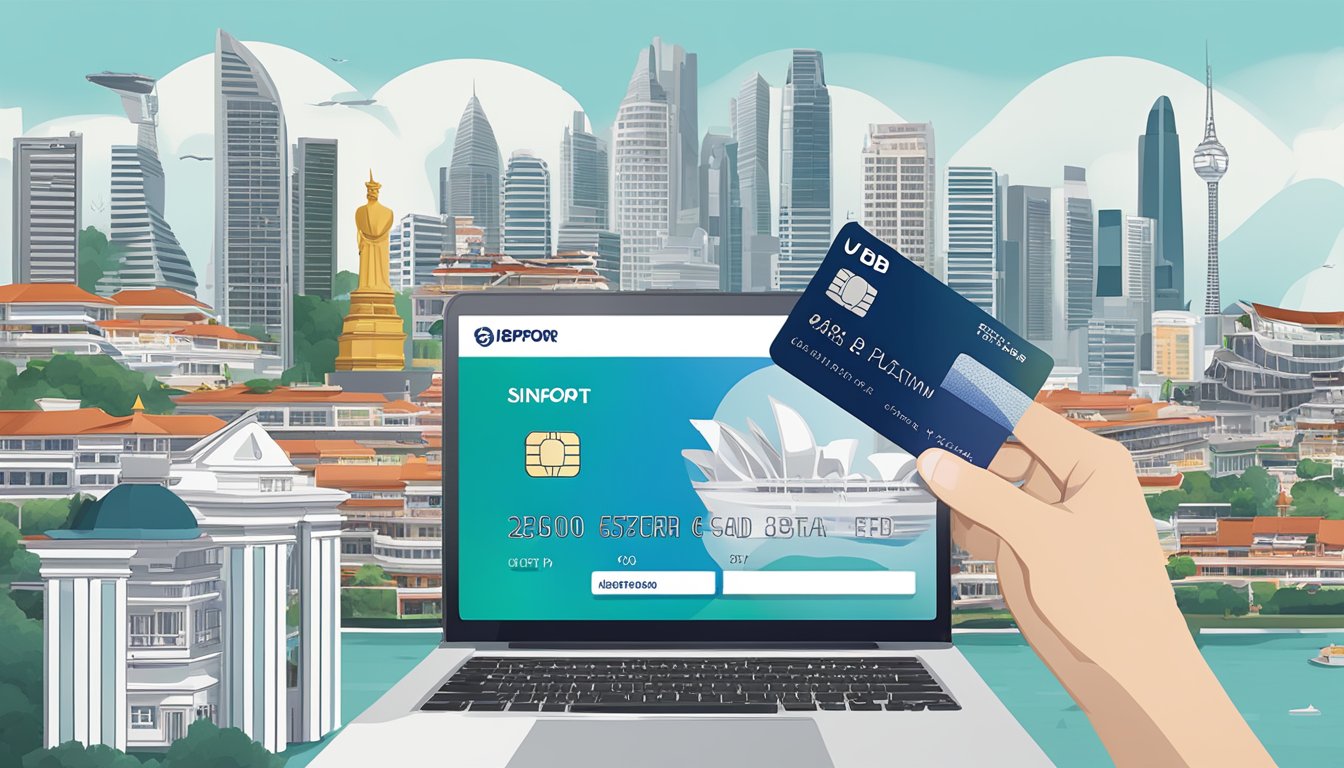 A hand holding a UOB Preferred Platinum Visa Card, with a laptop open to the application page, surrounded by Singaporean landmarks