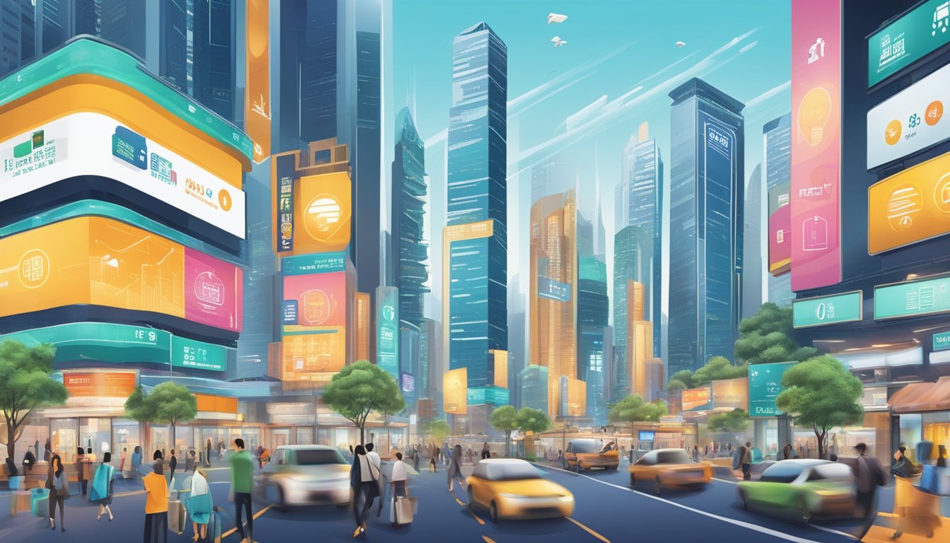 A bustling cityscape with various financial symbols and alternative funding options displayed on billboards and signs. The scene is filled with energy and opportunity, conveying the diverse range of business financing options available in Singapore