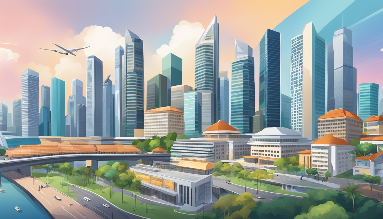 A bustling Singapore cityscape with various financial institutions and alternative financing options prominently displayed