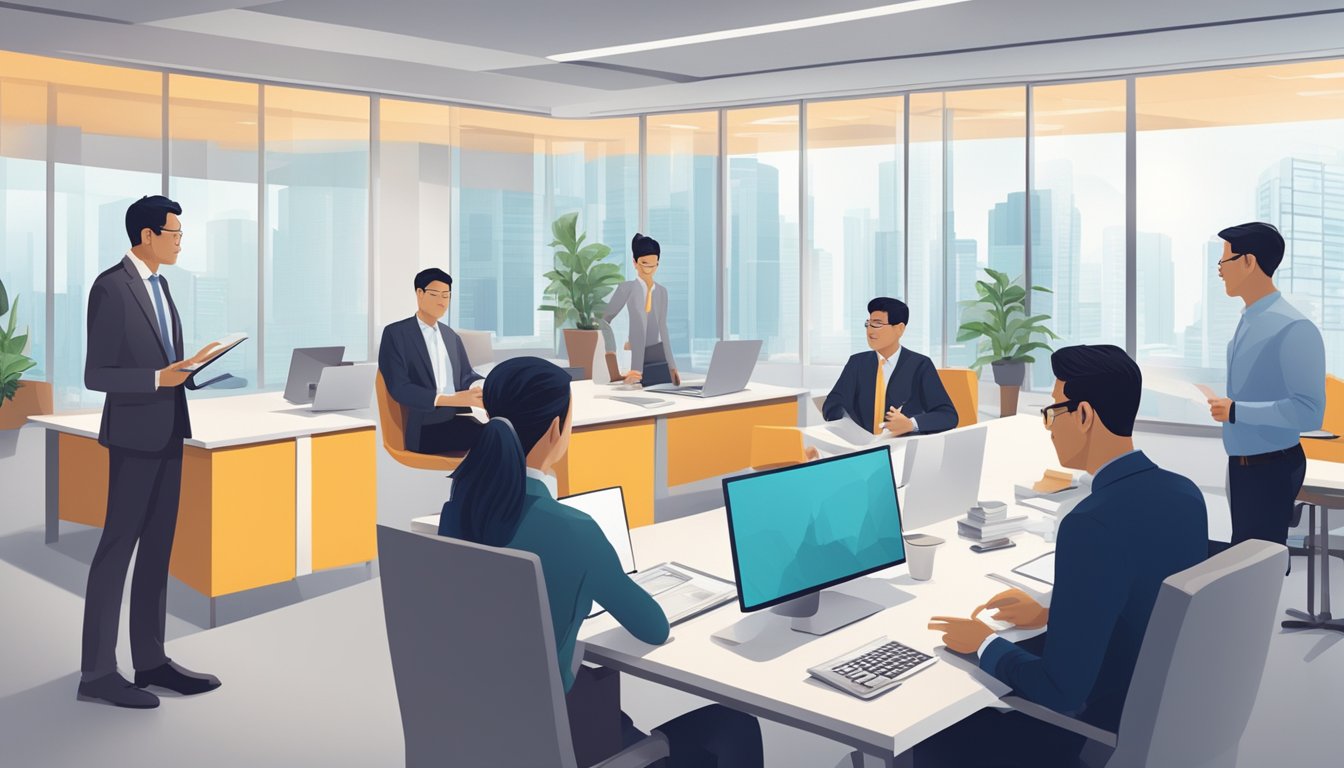 A group of investors discussing equity financing and venture capital as an alternative to business loans in a modern Singaporean office setting