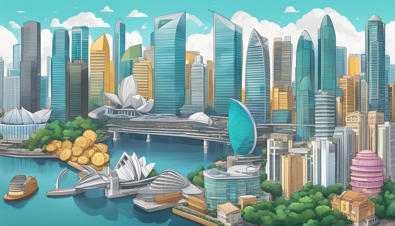 A diverse array of financial tools and options, including venture capital, crowdfunding, and angel investors, are displayed against a backdrop of Singapore's iconic skyline