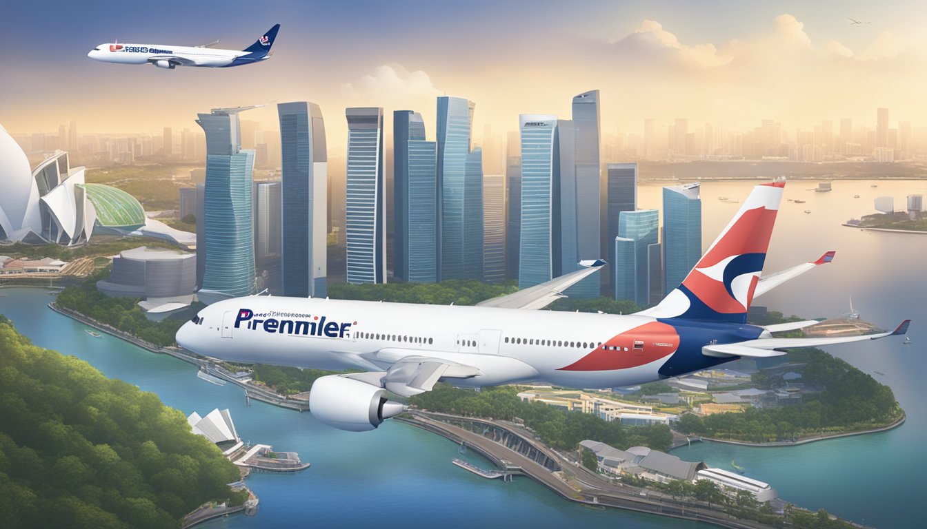 A plane flying over the iconic skyline of Singapore with the UOB PremierMiles logo prominently displayed on the aircraft