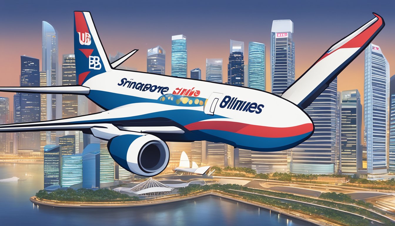 A plane flying over the iconic Singapore skyline, with the UOB PremierMiles logo prominently displayed