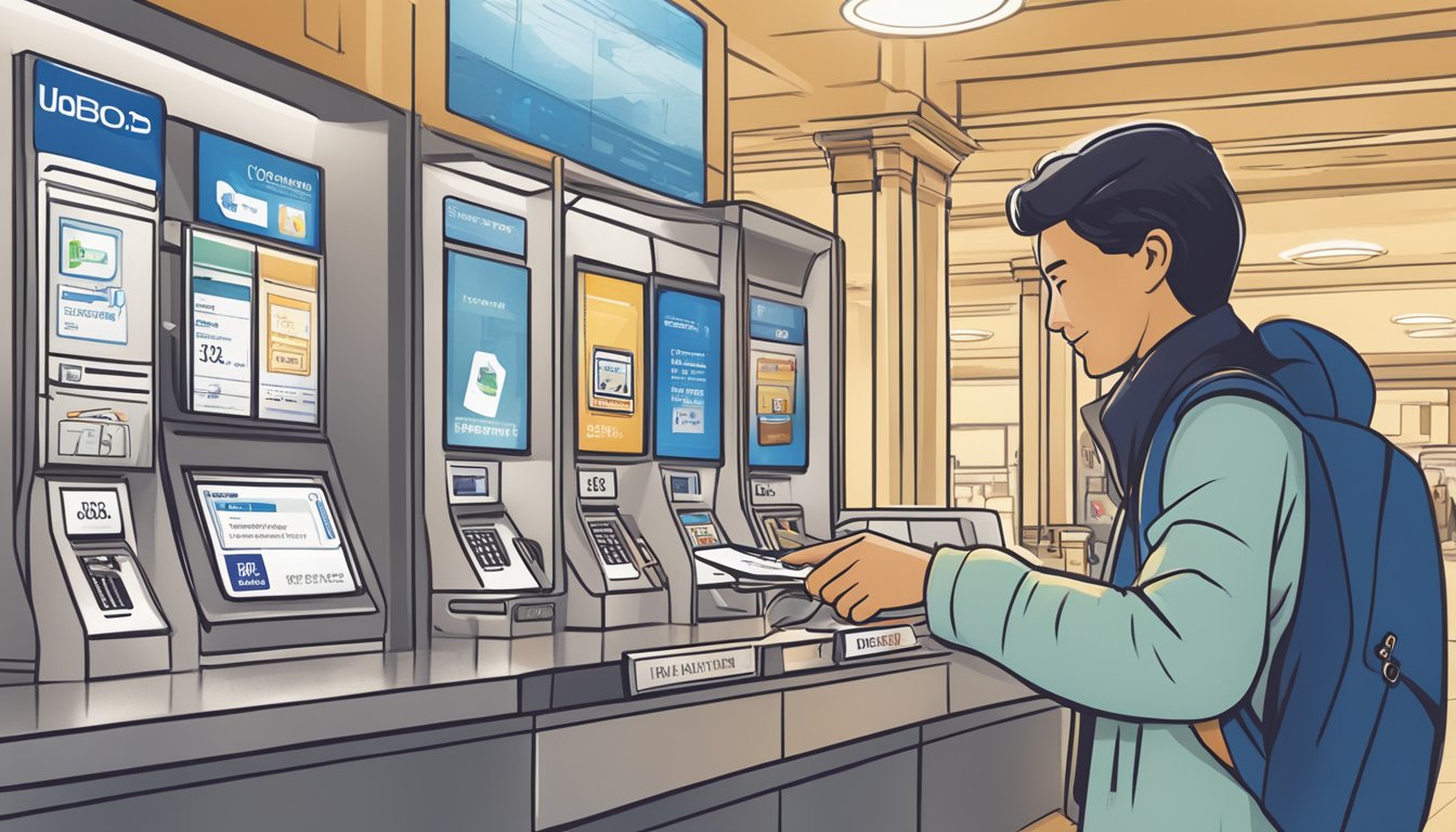 A traveler swipes a UOB PremierMiles card at a kiosk, selecting flights and hotels for maximum value
