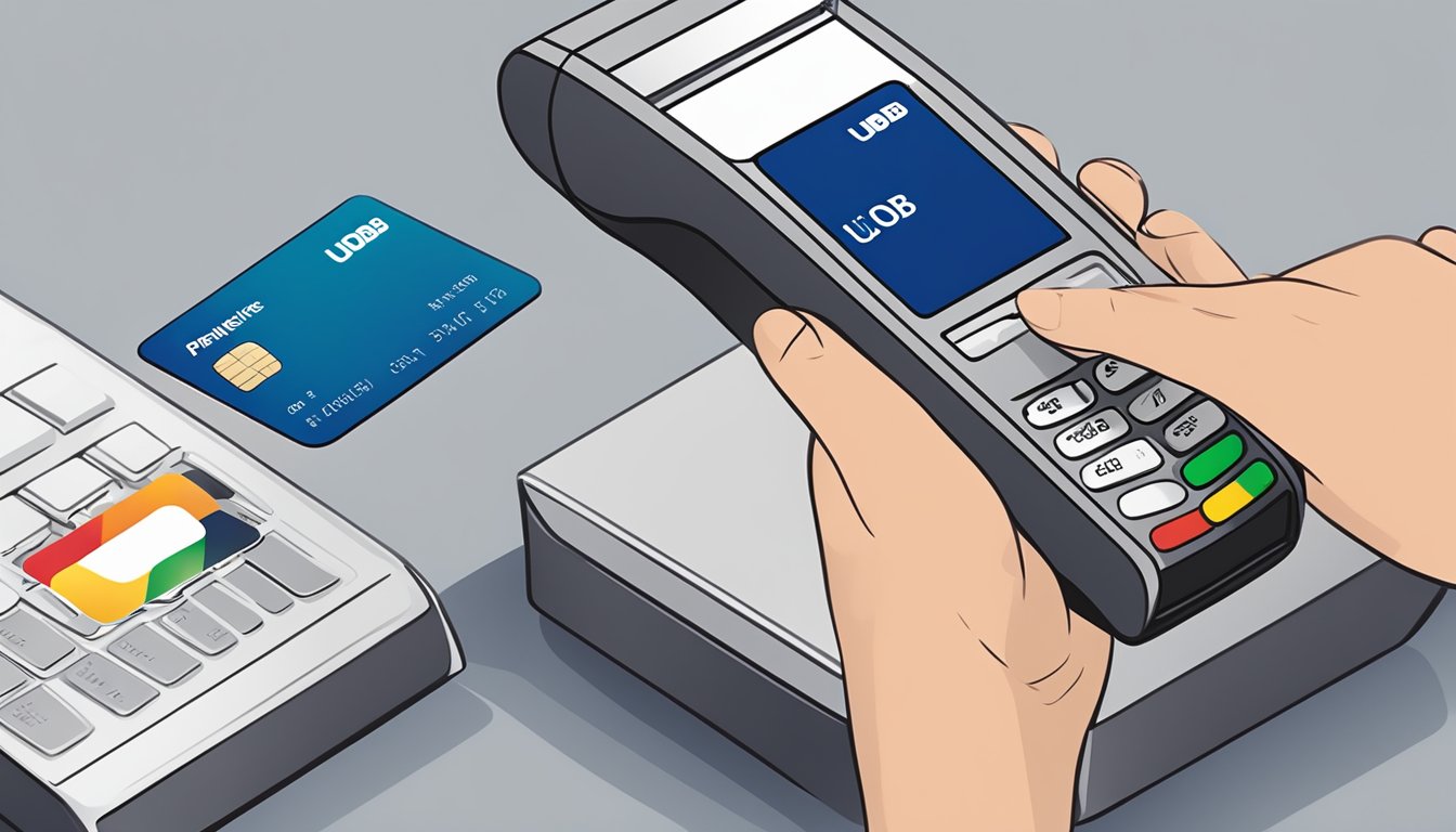 A hand swipes a UOB PremierMiles credit card at a payment terminal, while a smartphone displays the UOB mobile app for managing card transactions