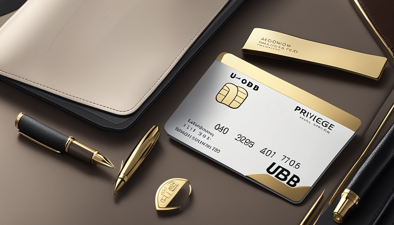 An elegant UOB Privilege Account card sits on a sleek desk, surrounded by a luxurious leather wallet and a gold-plated pen. The backdrop features a modern, sophisticated office setting with subtle branding elements