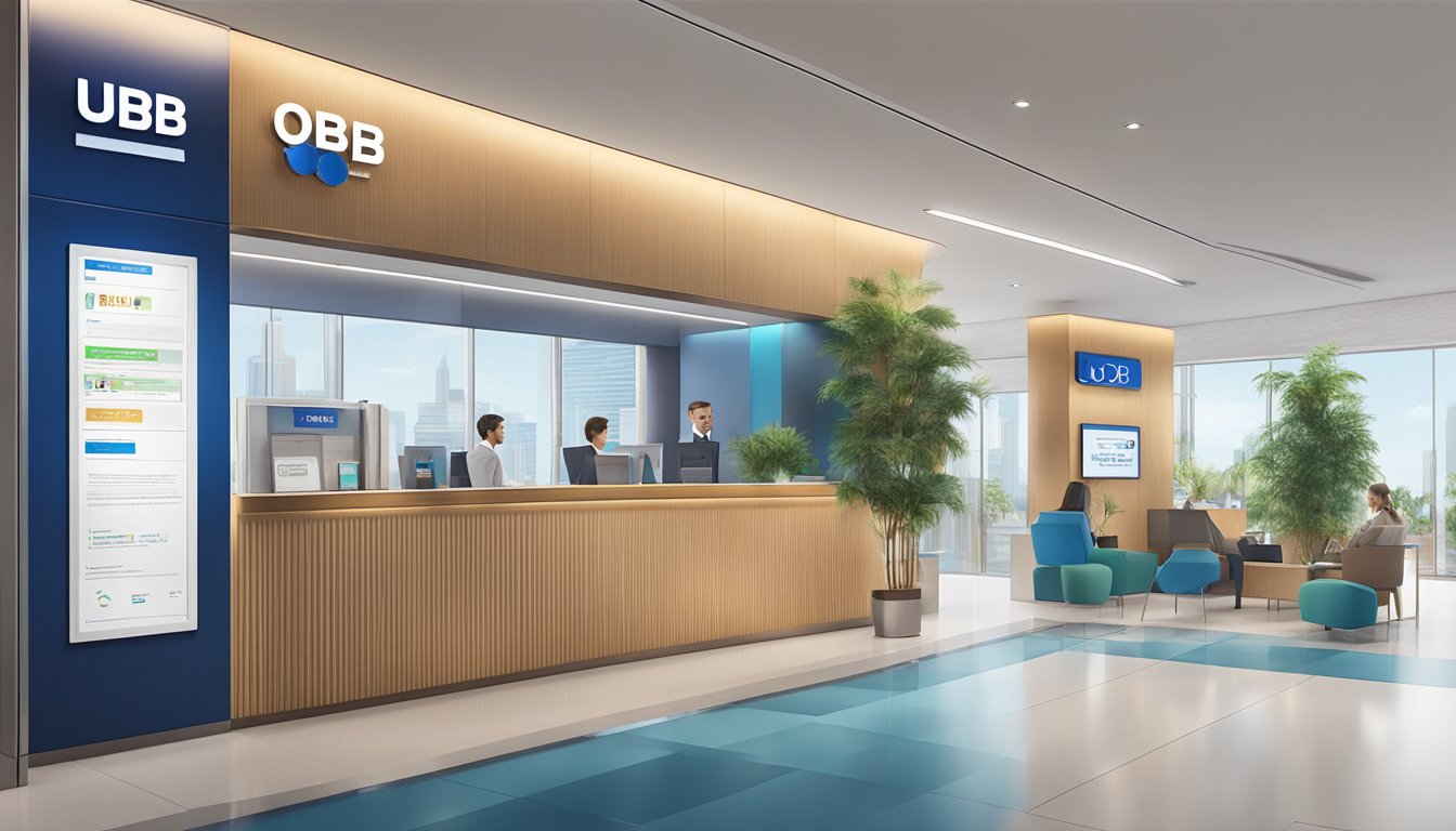 A vibrant bank branch with a UOB Privilege Account sign, showcasing various exclusive features and benefits