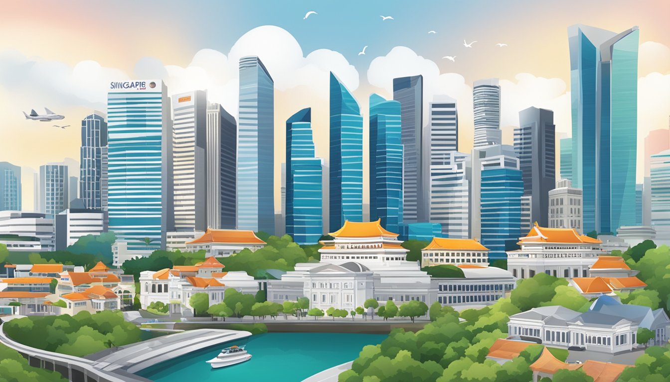 A cityscape of Singapore with UOB properties, including skyscrapers and iconic landmarks