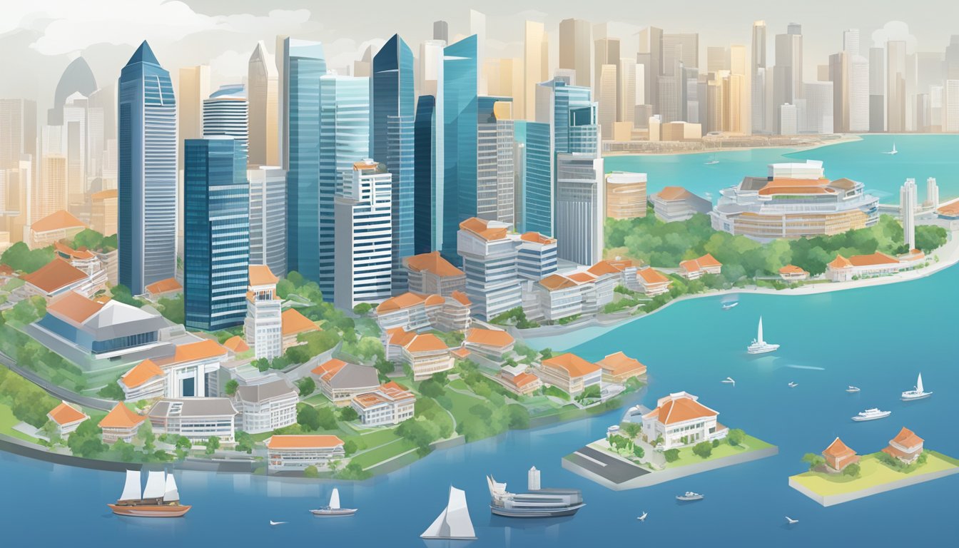 A Singaporean skyline with UOB buildings, a property valuation report, and a map of Singapore in the background