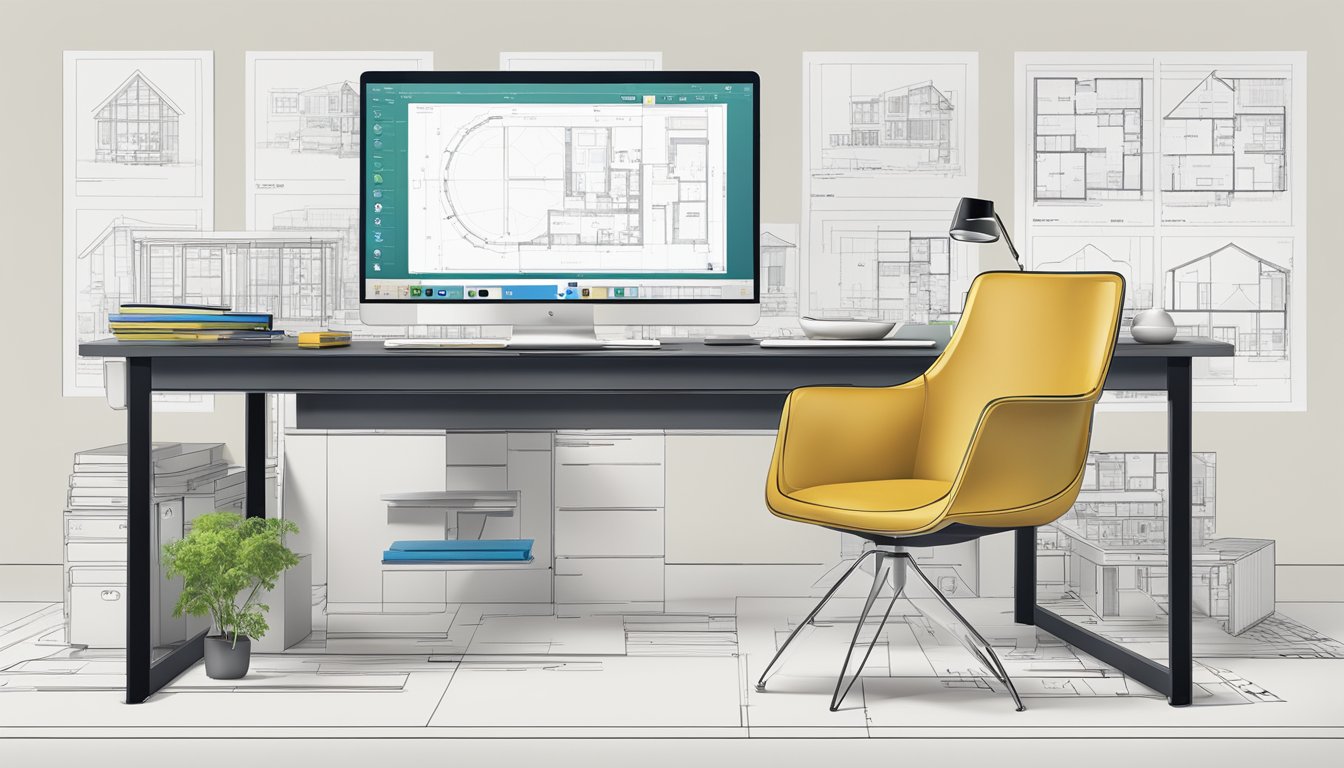 A modern office desk with a computer, architectural plans, and a smartphone displaying a property valuation app