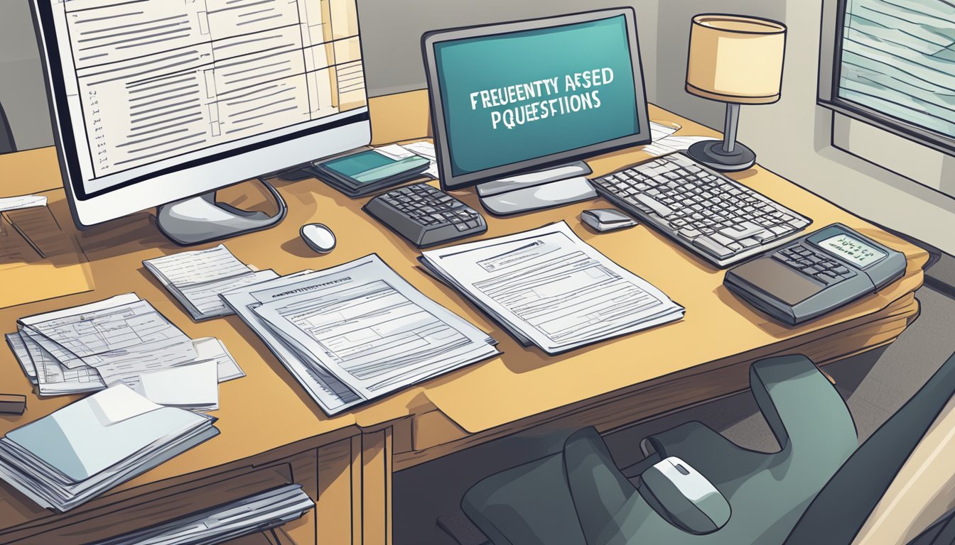 A stack of property valuation forms surrounded by a computer, calculator, and ruler on a desk. A "Frequently Asked Questions" banner hangs on the wall