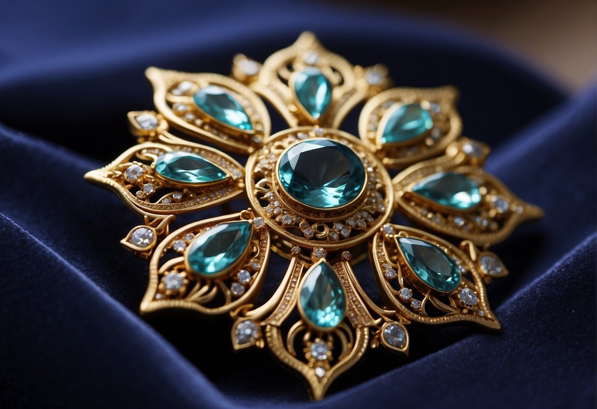 A brooch, a decorative pin, rests on a velvet cushion, catching the light with its intricate design and sparkling gemstones