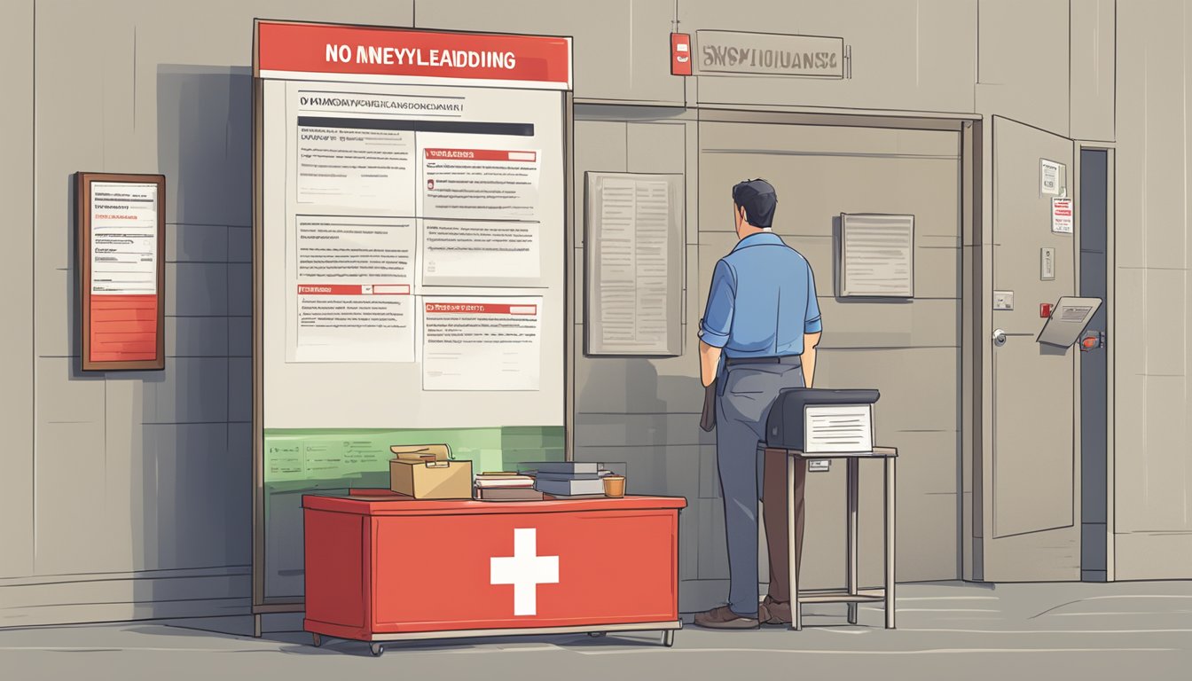A signboard displaying "No Moneylending" with a red cross over it. A list of regulations and rules posted on the wall