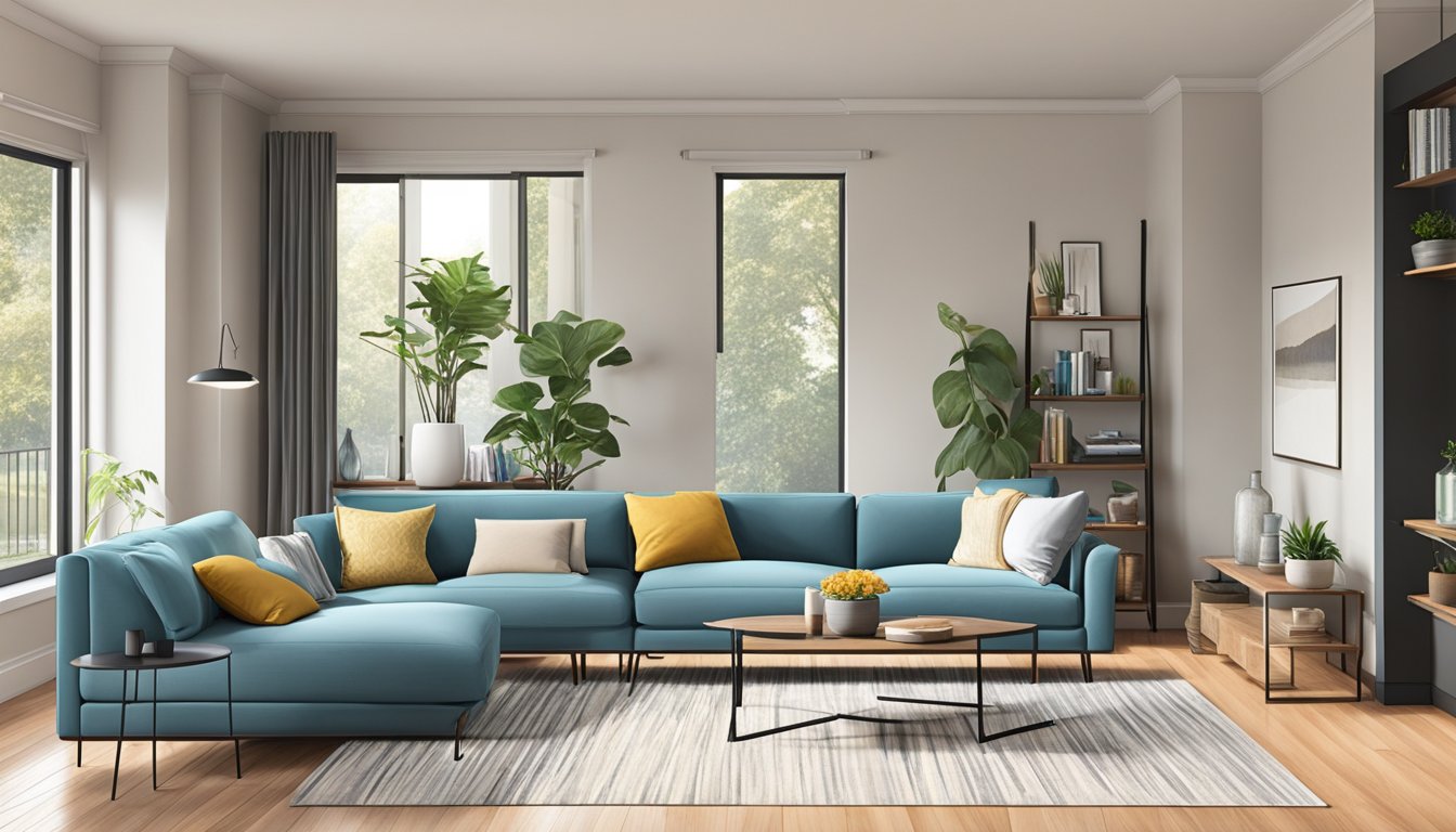 A modern, spacious living room with sleek renovation features like new flooring, a fresh coat of paint, and stylish fixtures