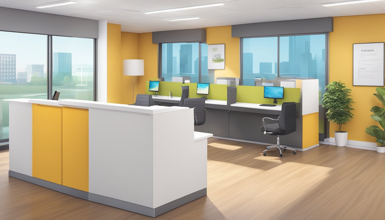 A bright and welcoming office space with a customer service counter and a support desk. The area is clean and modern, with comfortable seating and informational brochures on display