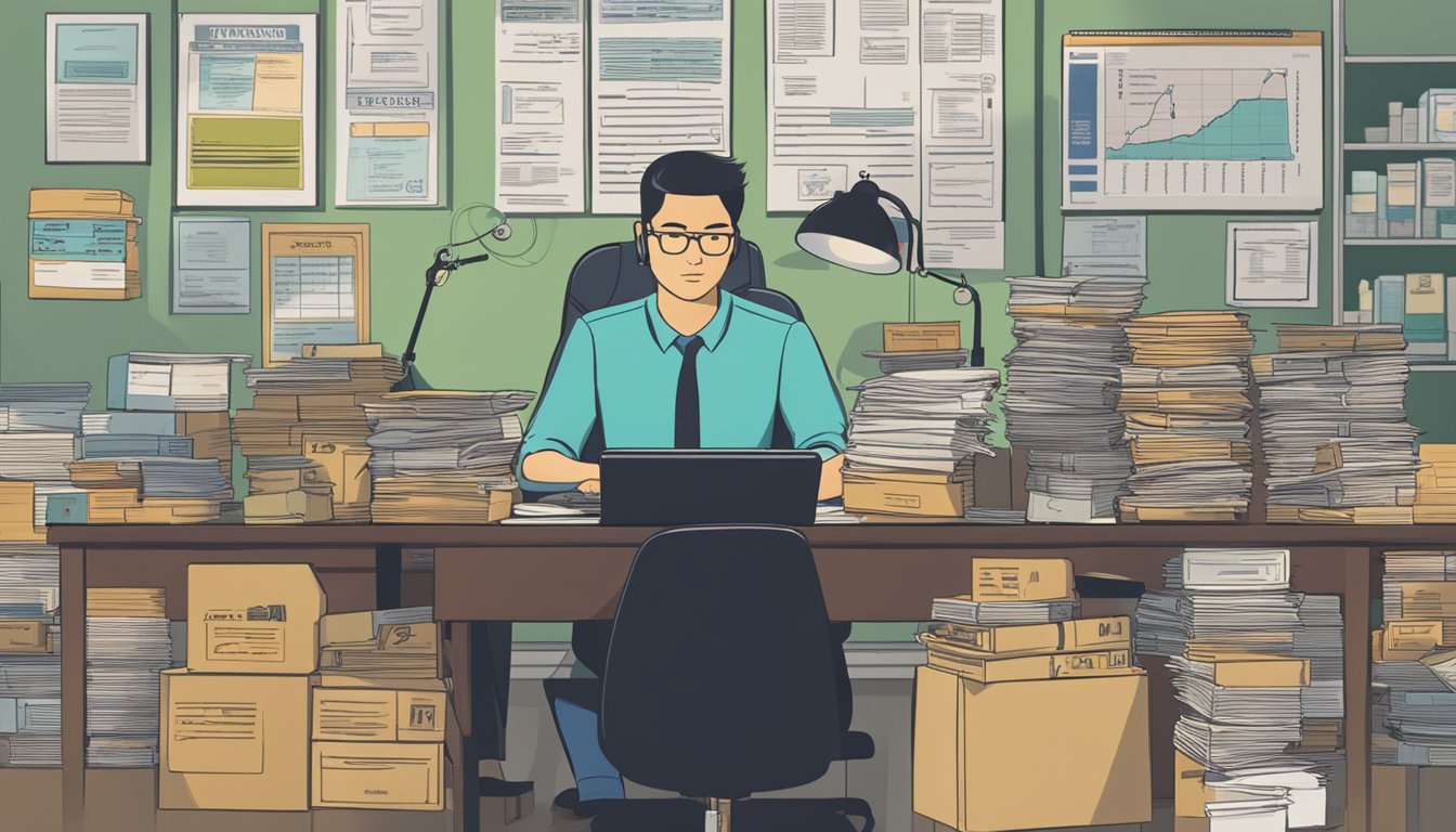 A moneylender sits at a desk, surrounded by documents and signs displaying the strict rules and regulations for moneylending in Singapore. The signs clearly prohibit certain activities for licensed moneylenders