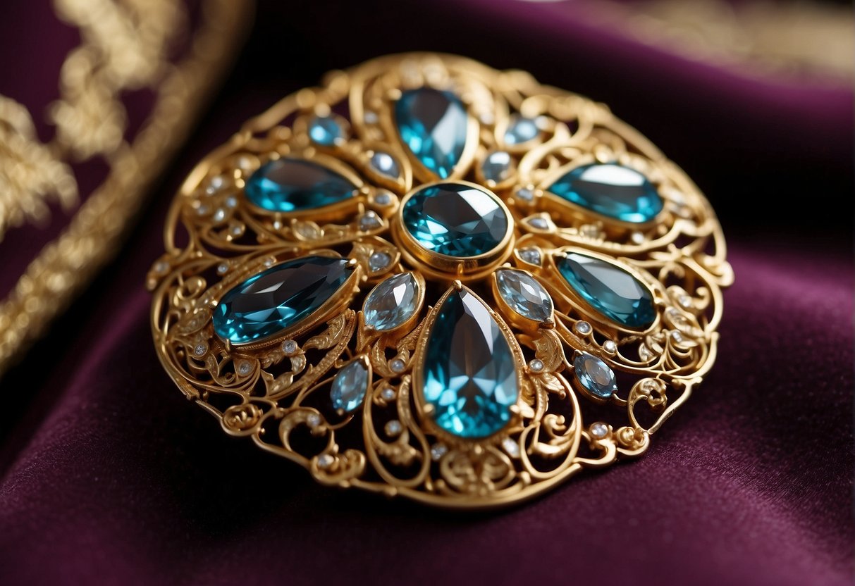 A brooch lies on a velvet cushion, its intricate design and craftsmanship evident in the delicate filigree and sparkling gemstones