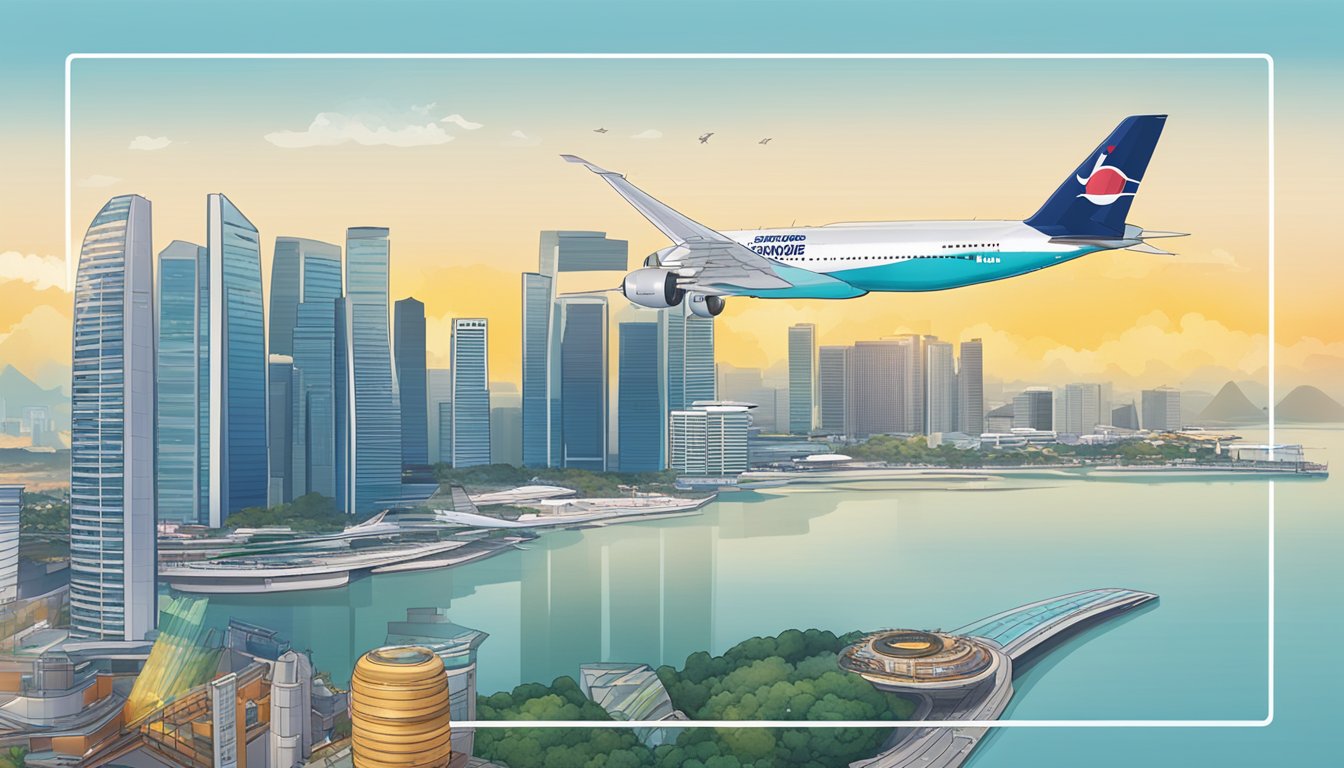 A plane flying over the Singapore skyline with the UOB Rewards Frequent Flyer Programme logo in the foreground