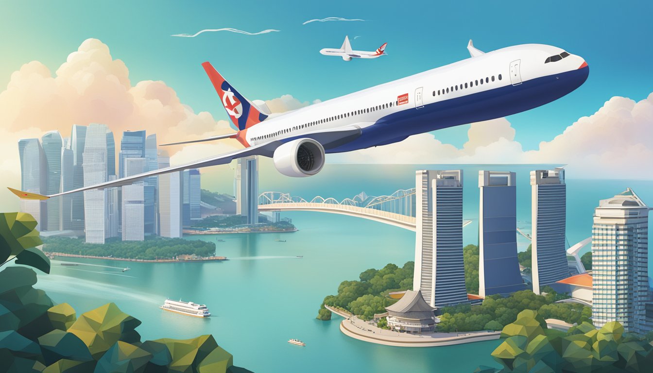 A plane flying over iconic Singapore landmarks with UOB Rewards logo and frequent flyer program details displayed