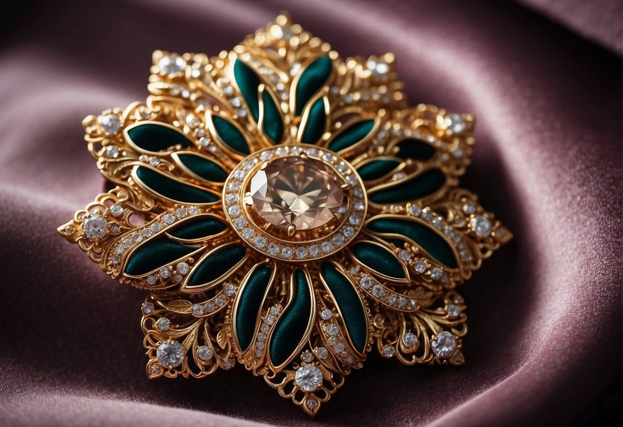 A brooch lies on a velvet cushion, its intricate design shimmering in the light. Its pin is ready to fasten onto fabric