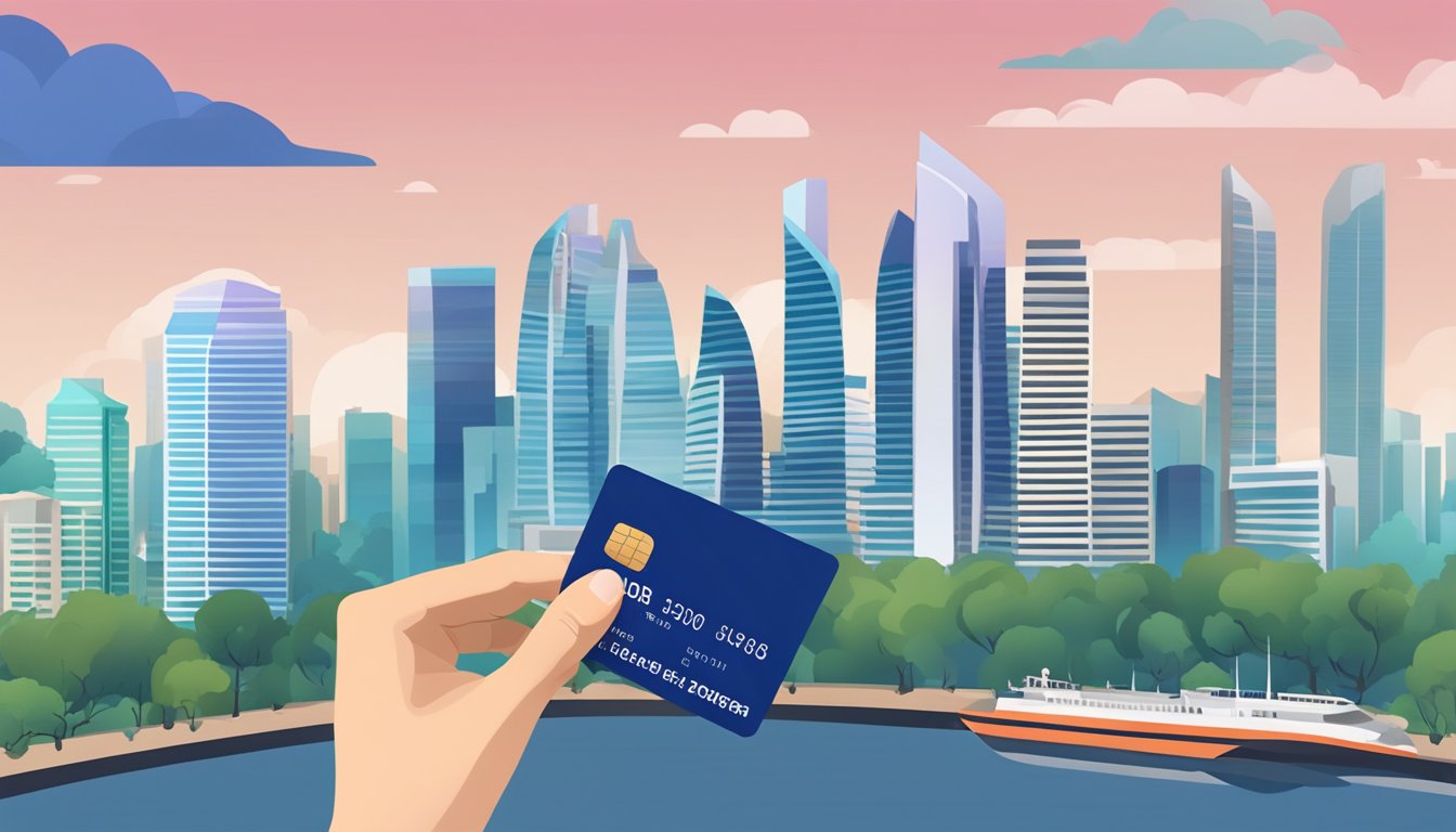 A hand holding a UOB secured credit card in front of a Singapore skyline