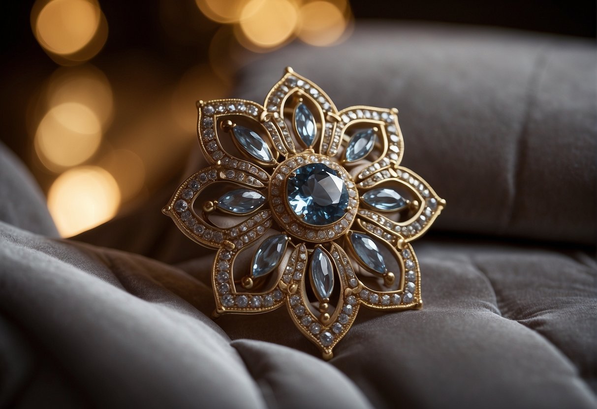 A shiny brooch rests on a velvet cushion, surrounded by a soft glow