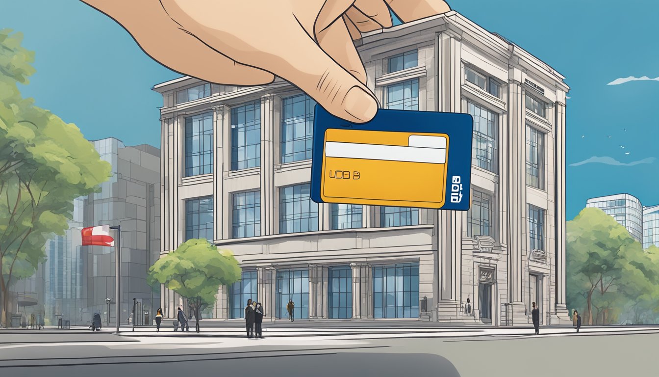 A hand holding a UOB secured credit card with the UOB logo prominently displayed, against a backdrop of a modern and secure-looking bank building