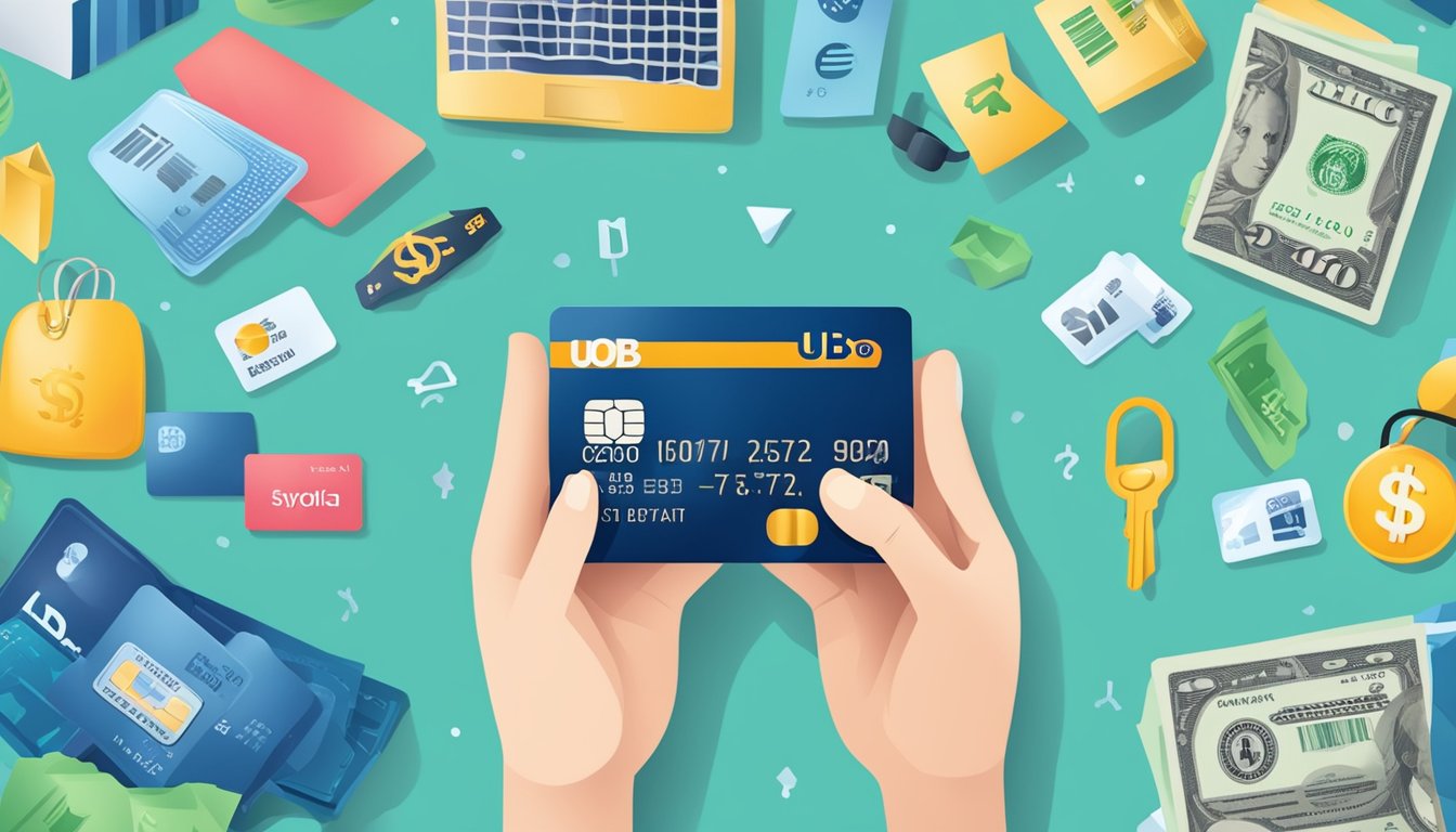 A hand holding a UOB secured credit card, surrounded by various rewards and savings symbols such as dollar signs, shopping bags, and discount tags