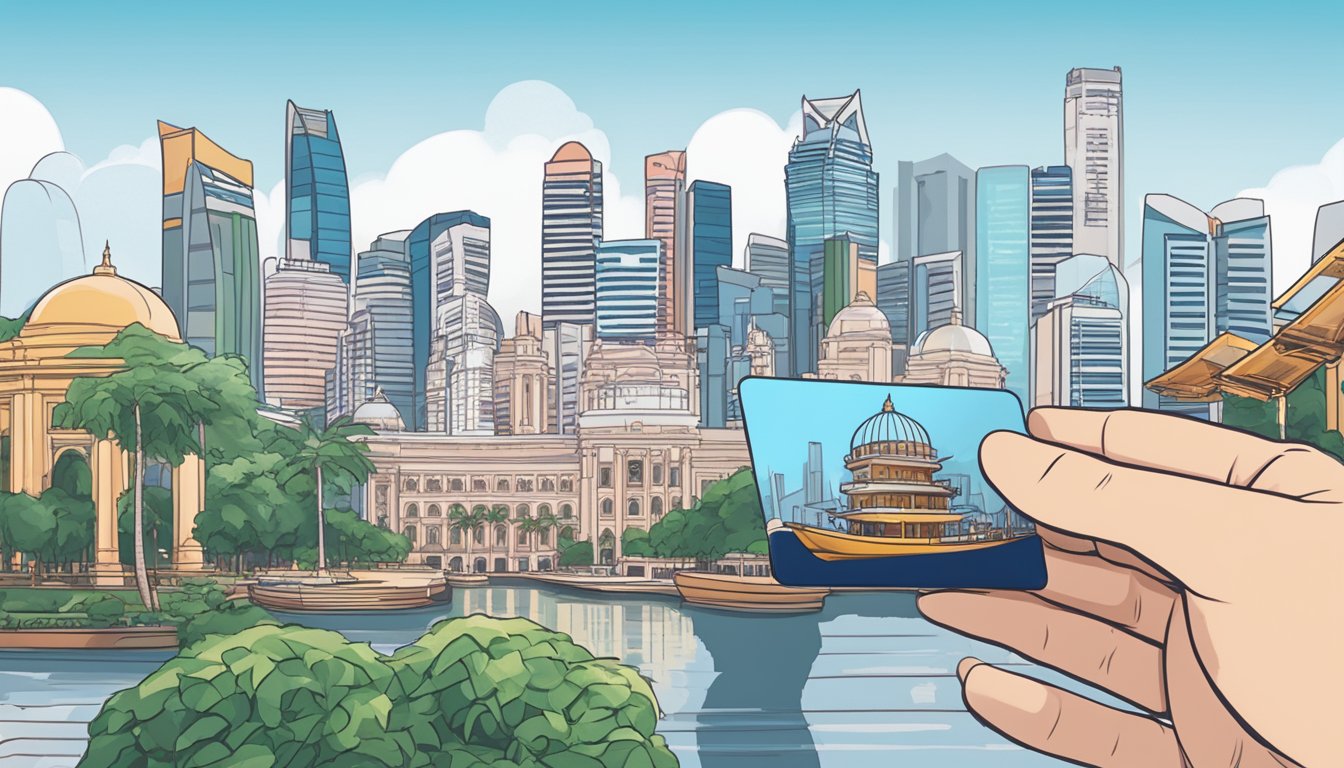 A hand holding a UOB Signature Card against a backdrop of iconic Singapore landmarks