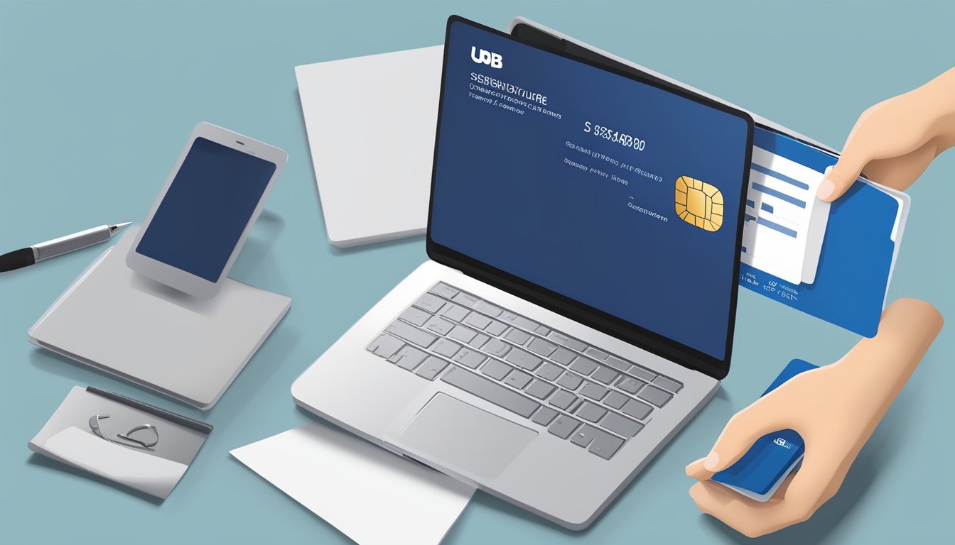 A hand holding a UOB Signature Card with a laptop and documents nearby, ready to apply for eligibility