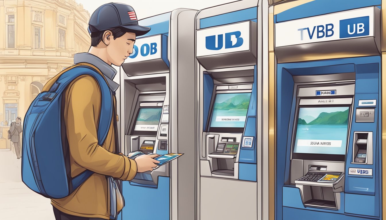 A traveler swipes a UOB Signature Card at a foreign ATM, with international landmarks in the background
