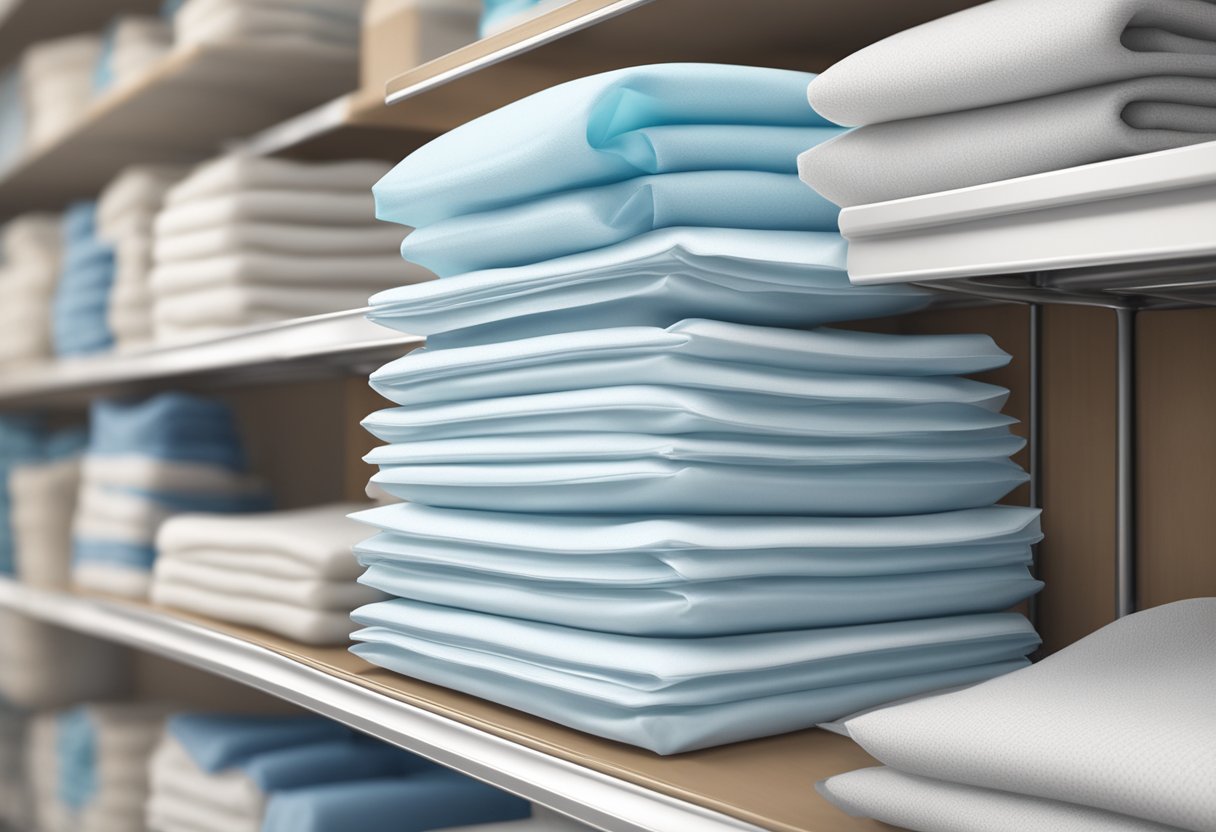 A stack of absorbent incontinence pads for men on a shelf