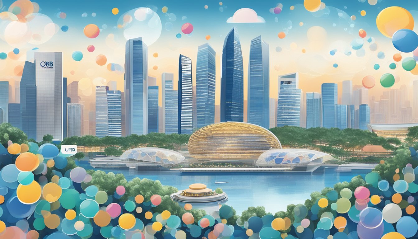 A UOB Signature Card with logo, surrounded by FAQ bubbles and a Singapore city skyline in the background