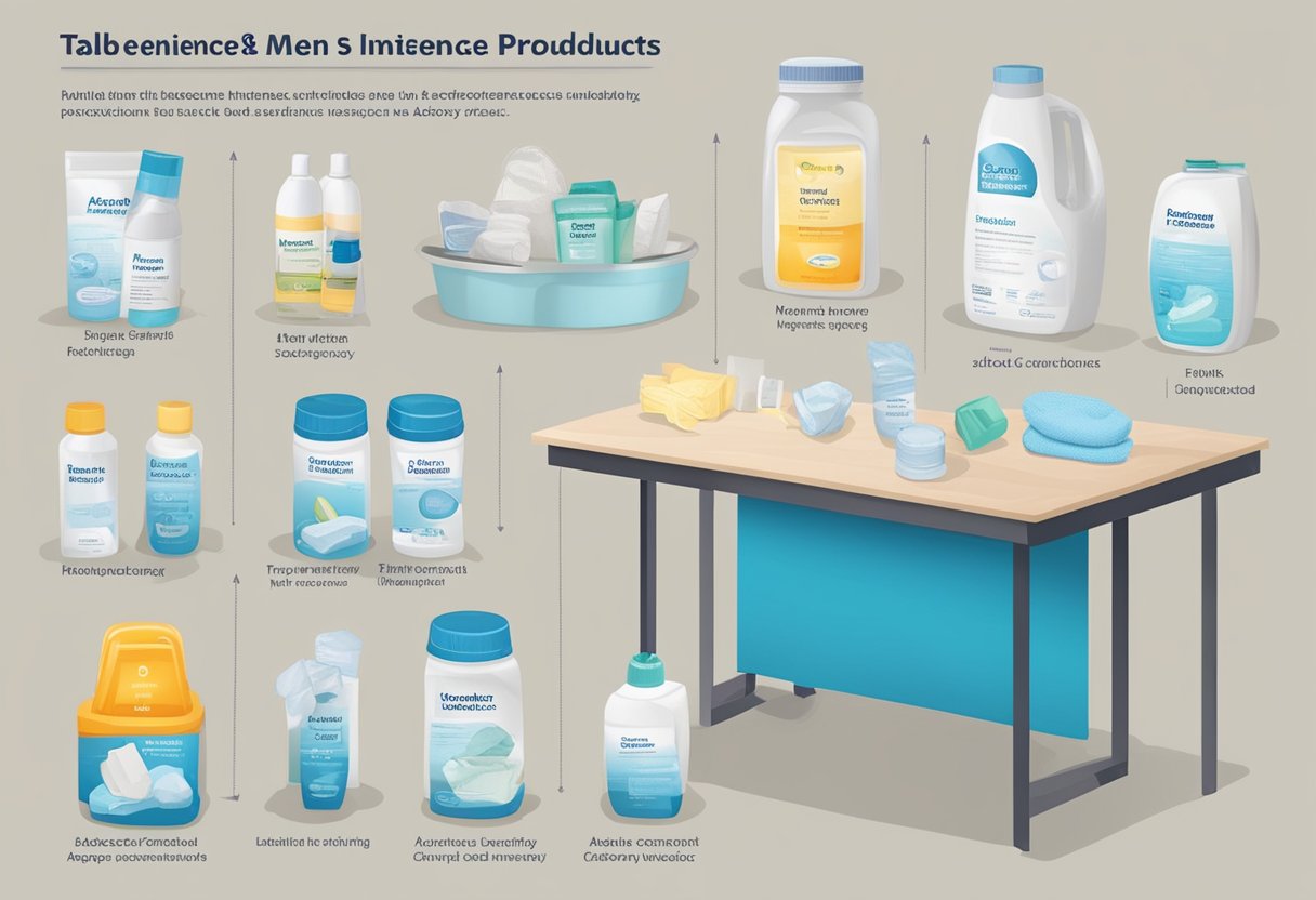 A table displaying various incontinence products for men, with labels indicating absorbency, size, and comfort features