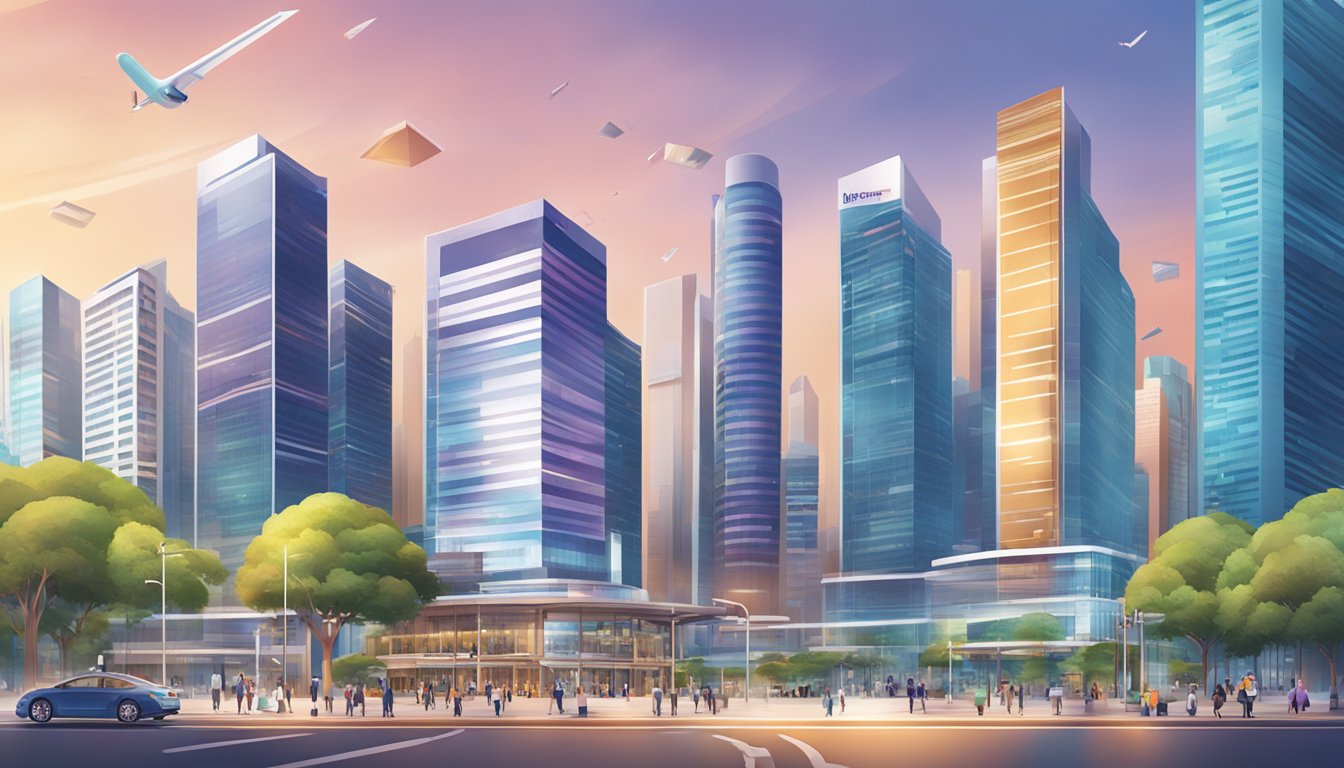 A vibrant illustration of UOB Stash Account and One Account in Singapore, showcasing their features and benefits in a dynamic cityscape setting