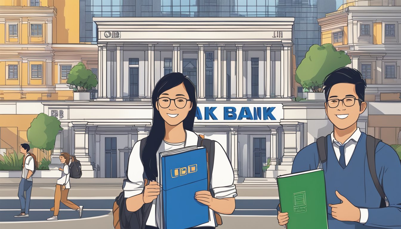 A UOB student account in Singapore, featuring the bank logo, a student ID, and a stack of textbooks