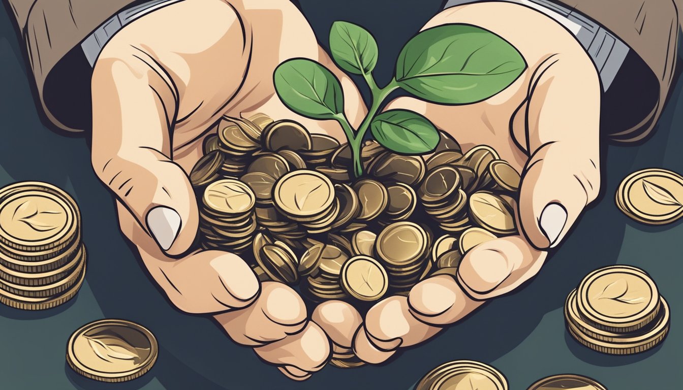 A hand holding a seed, surrounded by coins and a growing plant, symbolizing the concept of investing and growing wealth