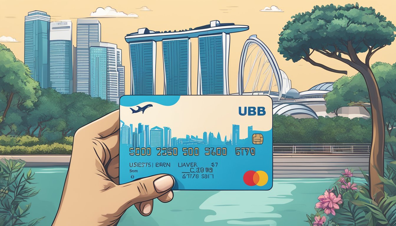 A hand holding a UOB travel credit card against a backdrop of iconic Singapore landmarks like the Marina Bay Sands and Gardens by the Bay