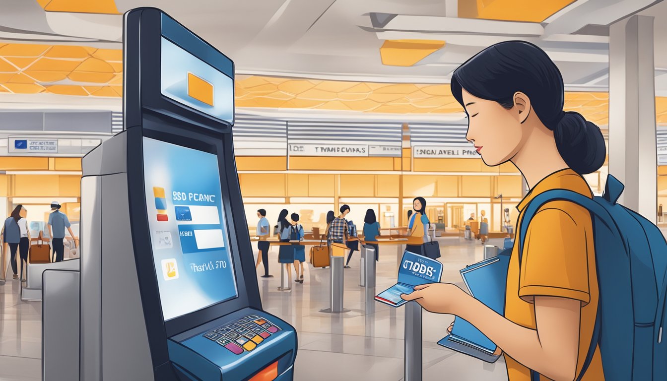 A traveler swipes a UOB Travel Credit Card at a Singaporean airport. The card features iconic travel landmarks and offers exclusive travel perks