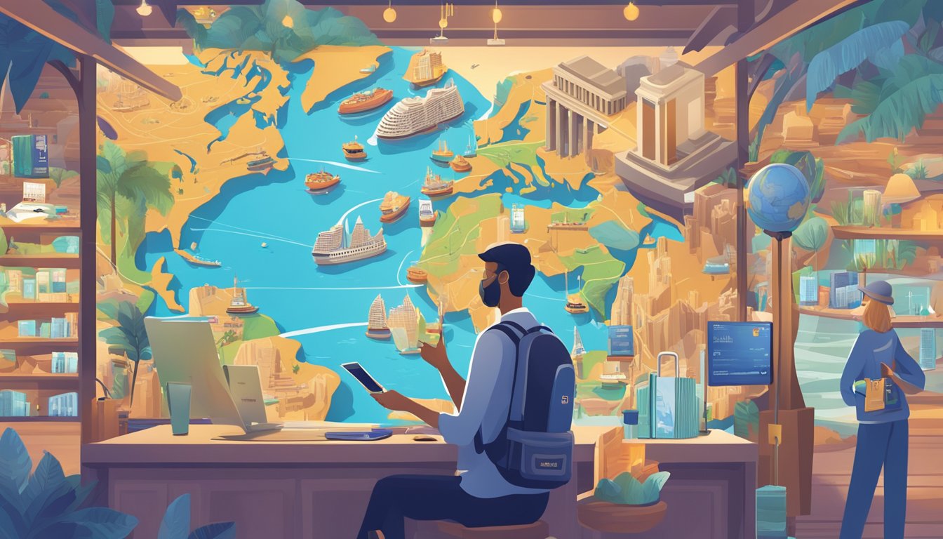 A traveler swipes a UOB travel credit card in front of a vibrant display of global landmarks, while a stream of rewards and benefits flow towards them