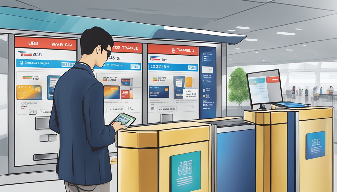 A traveler swiping a UOB travel credit card at a Singaporean airport kiosk, with a clear display of fees and charges
