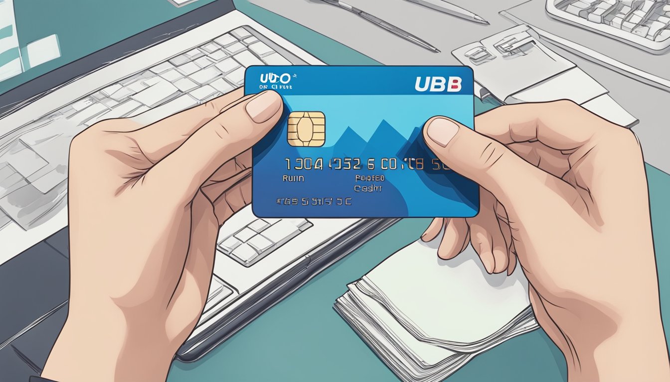 A hand holding a UOB travel credit card, strategically using it for payment in Singapore
