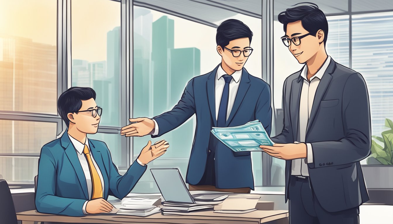 A person handing over personal identification and discussing loan terms with a licensed money lender in a regulated office setting in Singapore