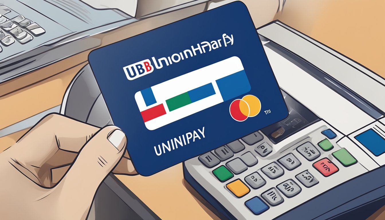 A UOB UnionPay card being used to make a payment at a Singaporean merchant, with the iconic UOB logo visible